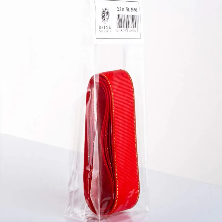 BÅND GROSGRAIN 25 MM X 2,5 M RØDT GULDFARVET
