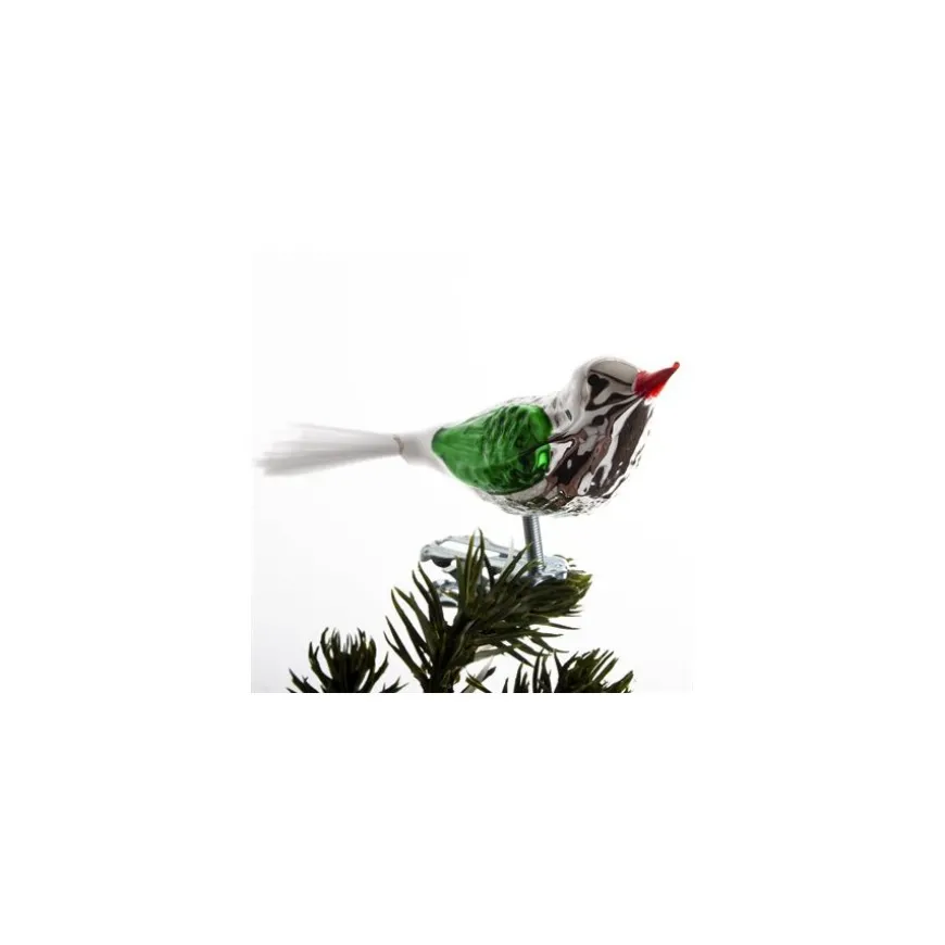 FUGL 10 CM SØLVFARVET/GRØN